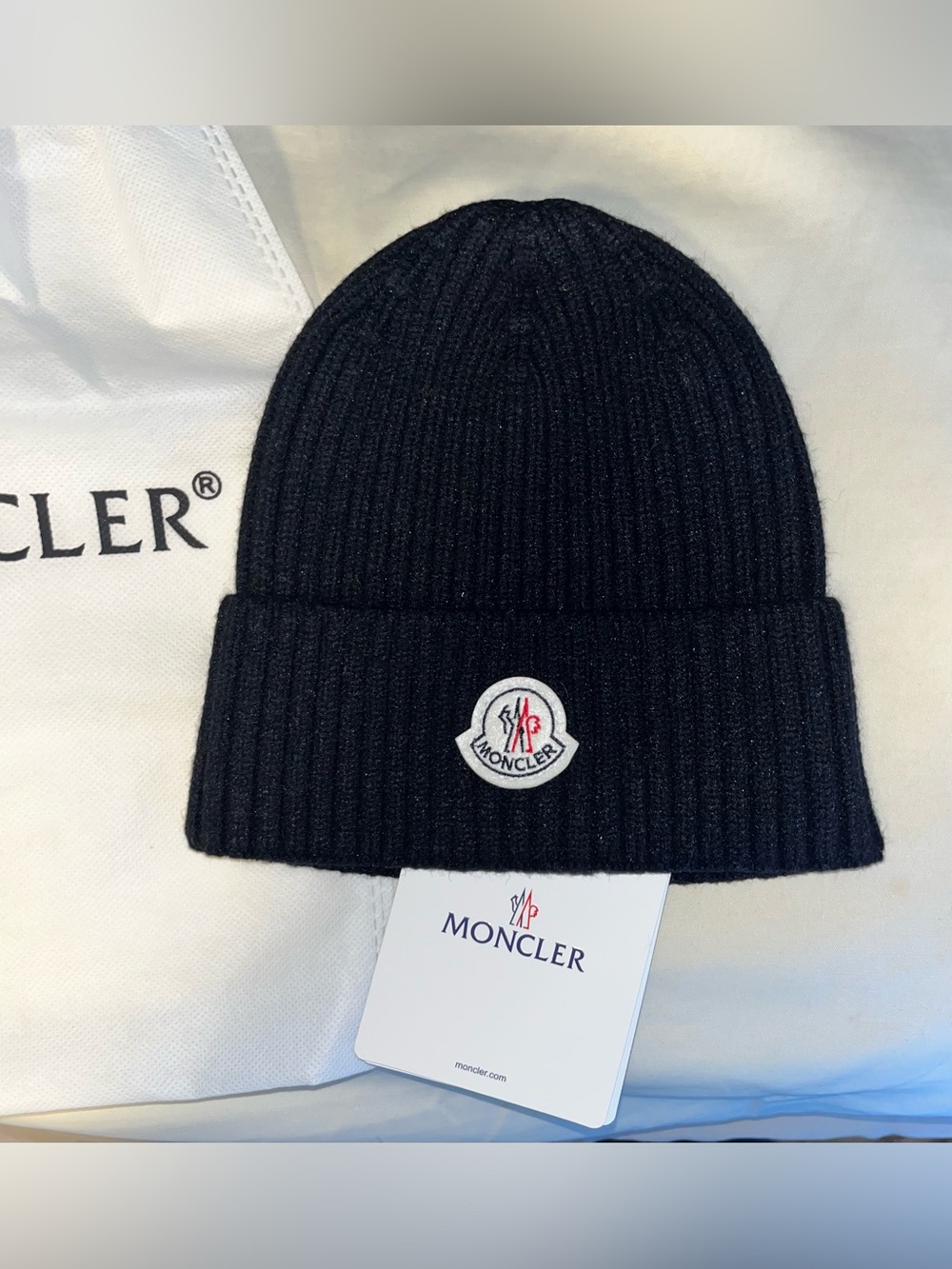 Moncler Black Ribbed Wool Logo Patch Beanie Hat BRAND NEW